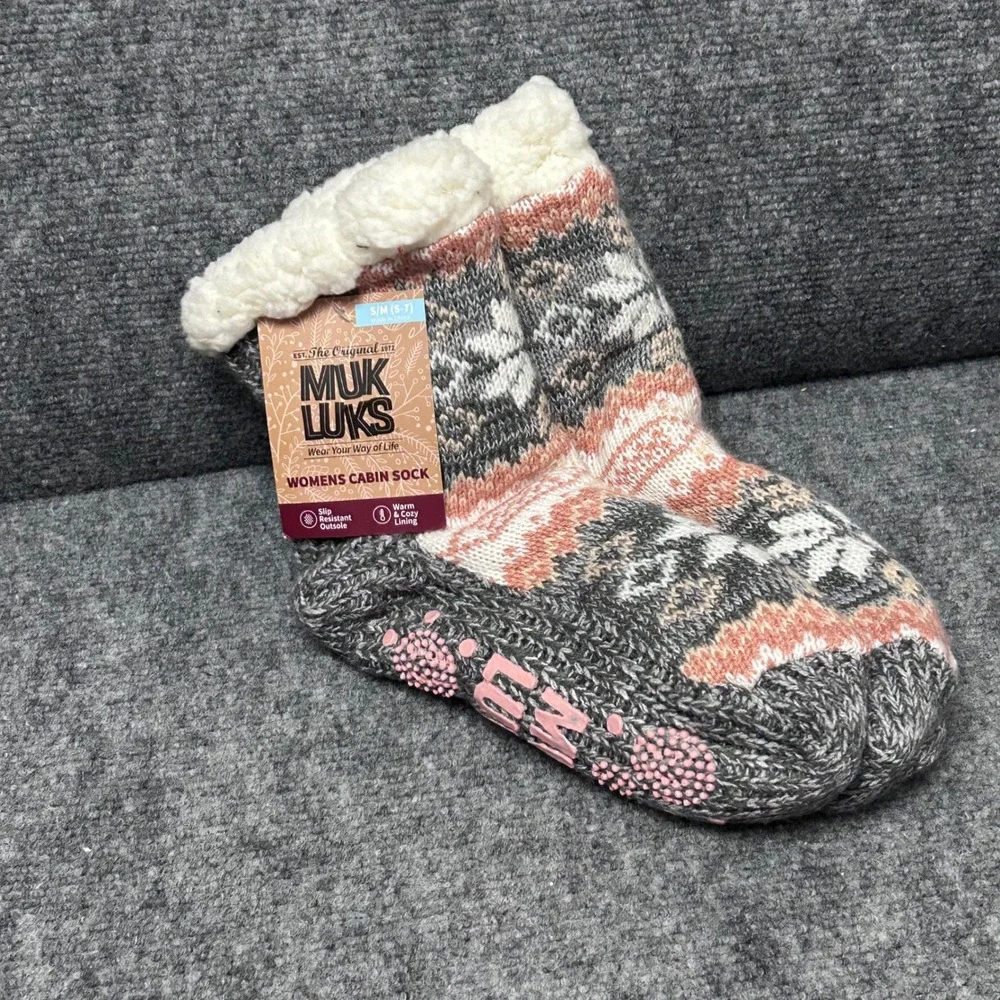 Muk Luks Womens Cabin Socks Grey Peach Fair Isle Knit Slipper Socks S/M 5-7 NEW
